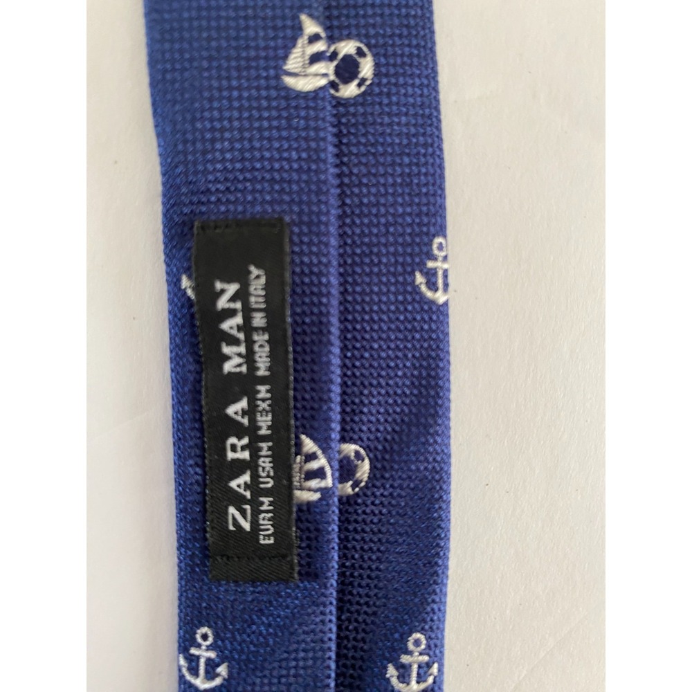 Zara Man Skinny Tie Blue Nautical Anchor Sailboat Wheel Italian Fabric #61 - Picture 4 of 4